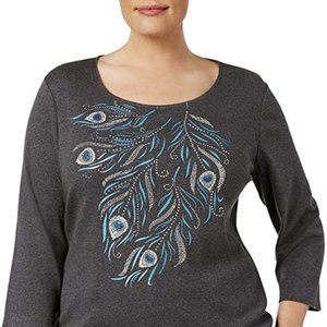 Karen Scott Plus Feather-Print Embellished Top
